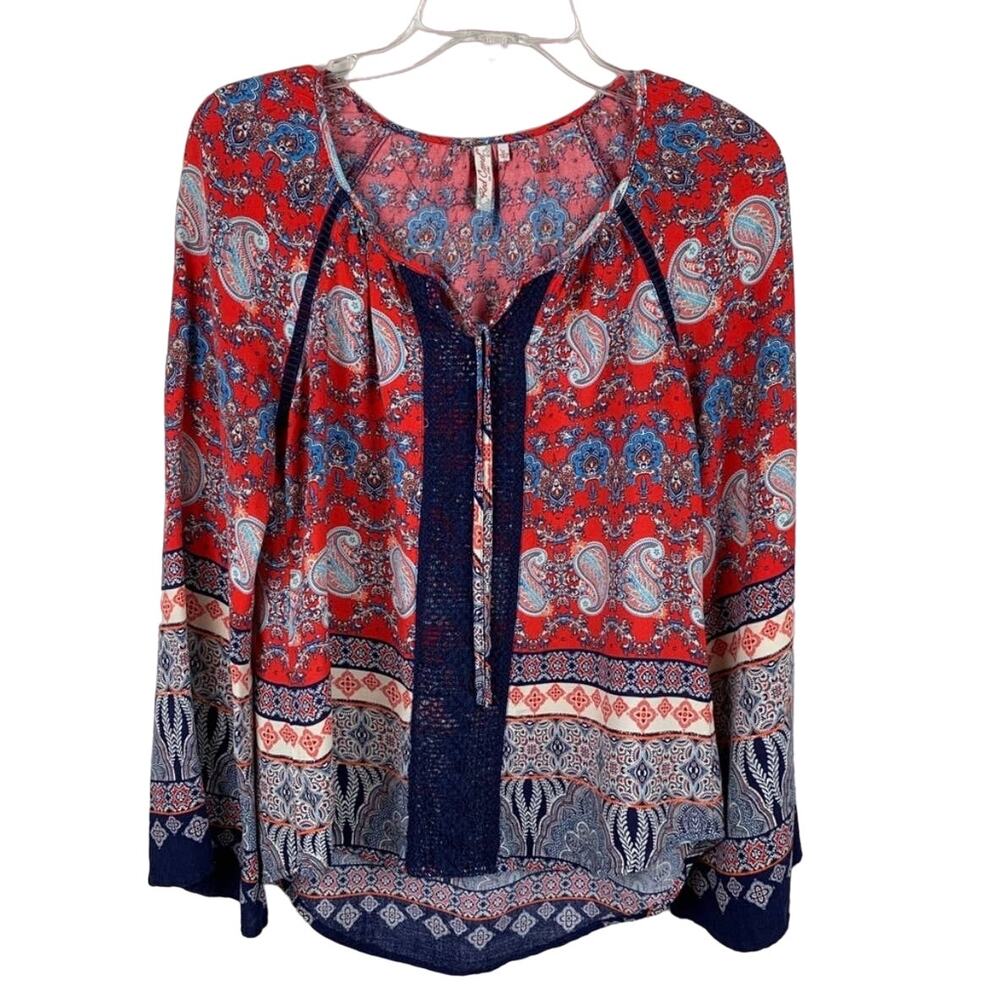 Red Camel Navy and Red Paisley Boho Bell Sleeve Blouse Size Small